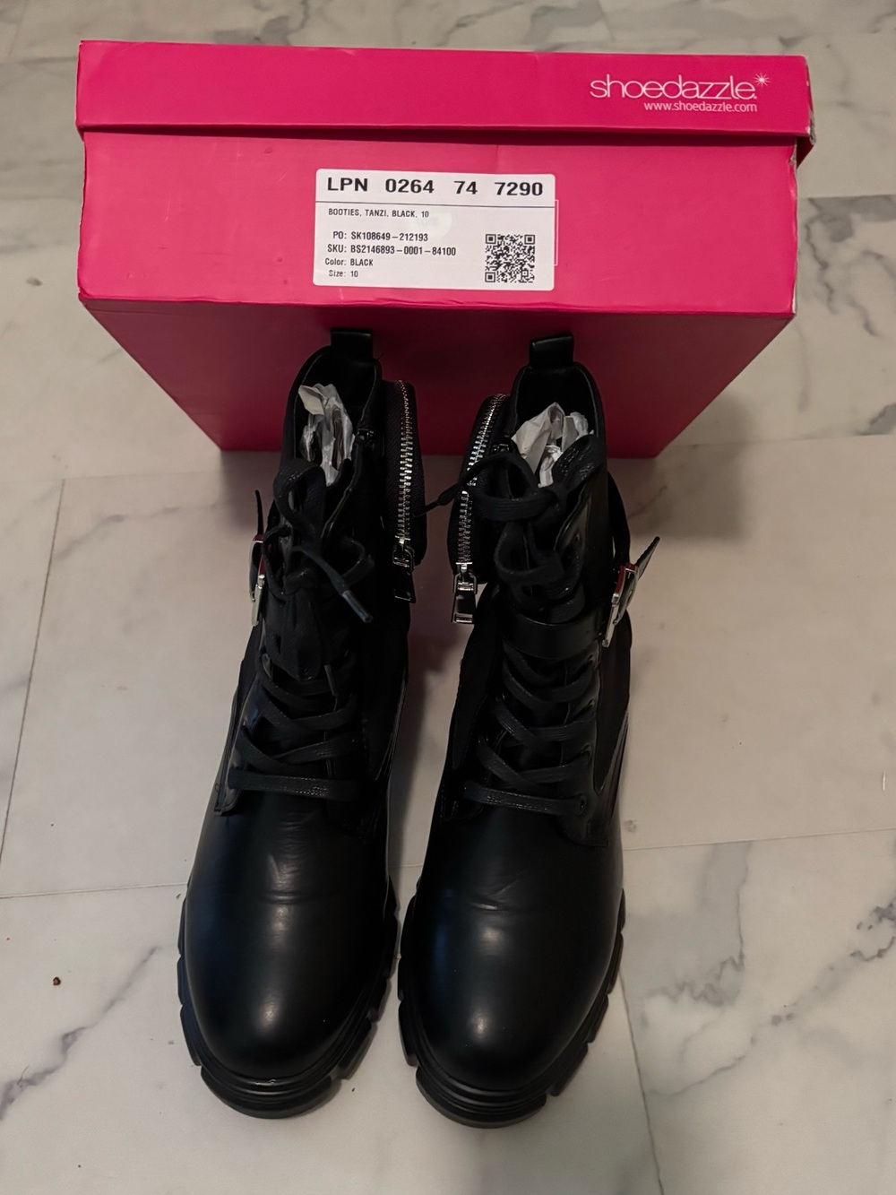 Shoe Dazzle Black Lace-Up Combat Boots with Side Zipper